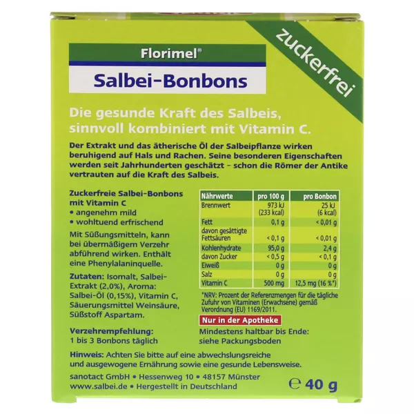 Florimel Salbeibonbons mit Honig & Vitamin C zuckerfrei 40 g