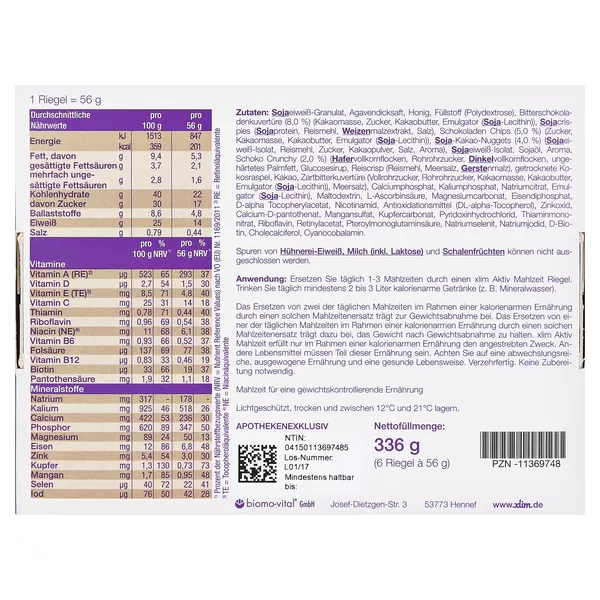 XLIM Aktiv Mahlzeit Riegel Schoko-Müsli 6X56 g