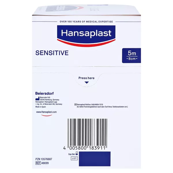 Hansaplast Sensitive Pflasterrolle, 5m x 8cm 1 St