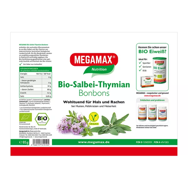 MEGAMAX Bio-Salbei-Thymian Bonbons 85 g