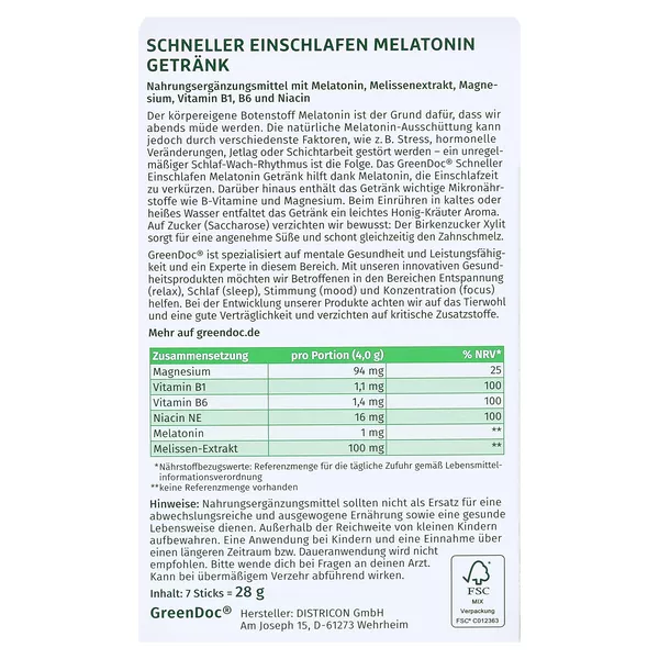 Greendoc Schneller Einschlafen Melatonin 7X4 g